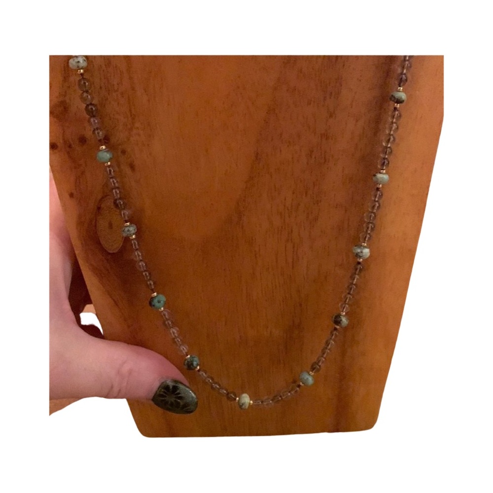 Hand knotted Pistachio Chalcedony and Smokey Quartz Necklace.  27” 3” extender